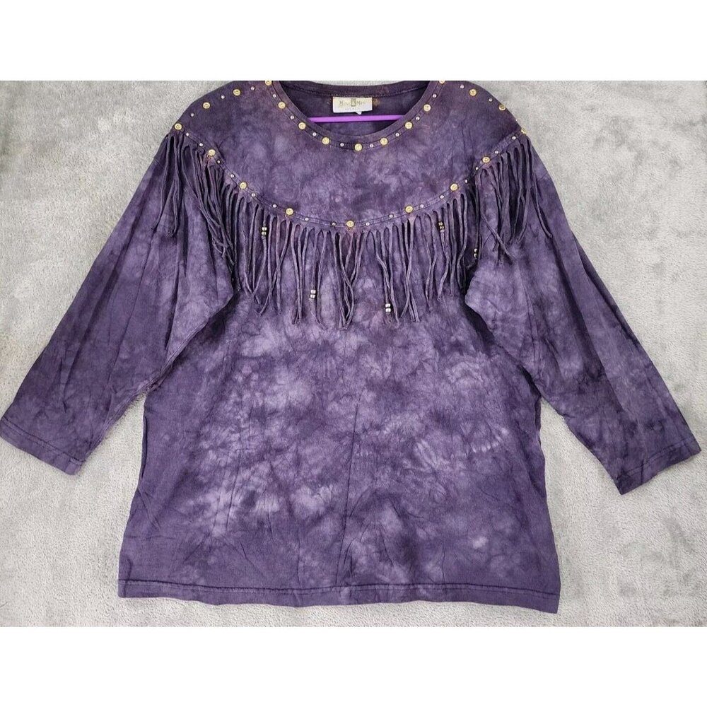 Miss & Mrs Shirt Womens One Size Purple Acid Wash Fringed Short Sleeve‎ Vintage